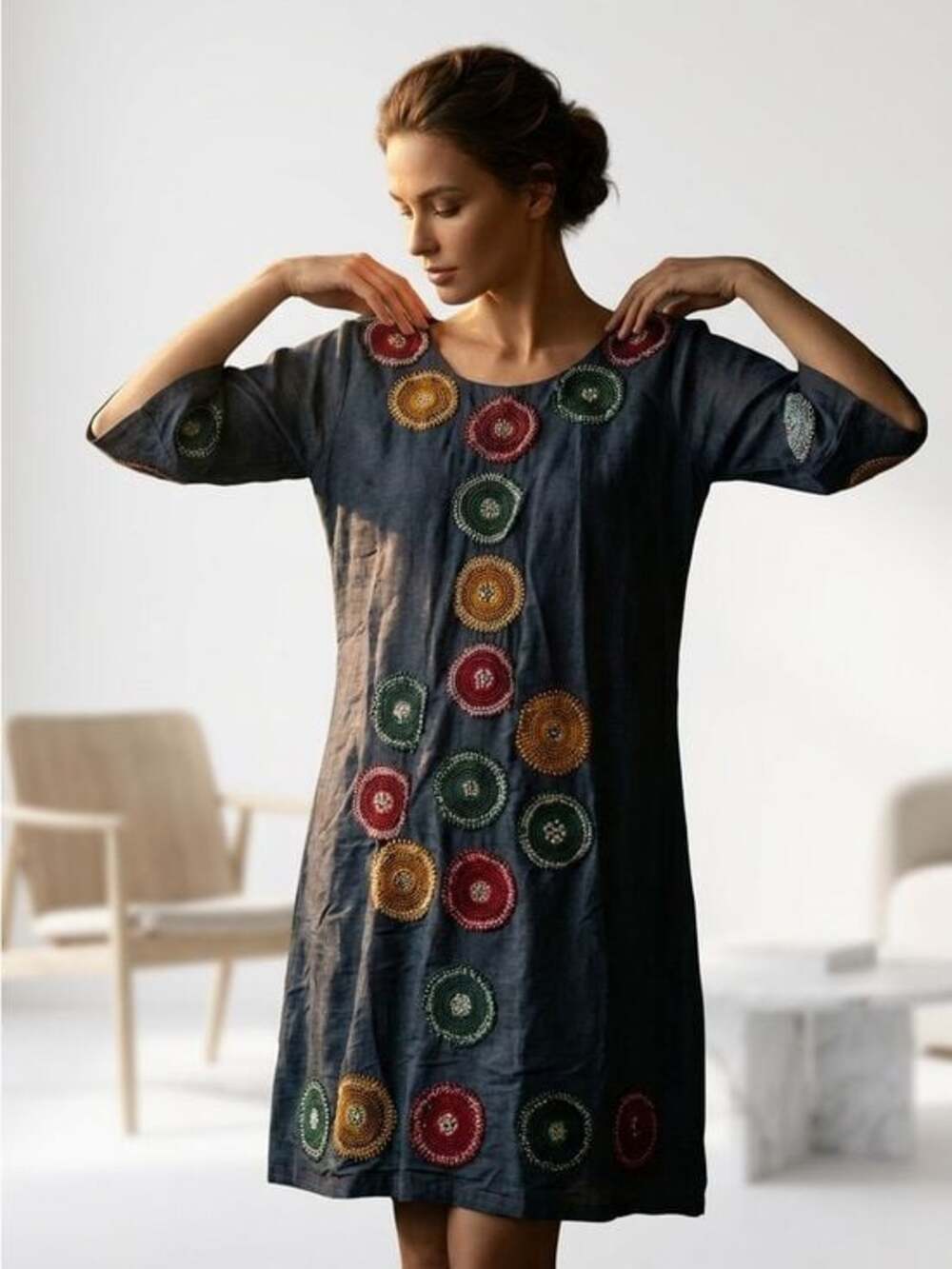 Embroidered Navy Mini Dress with Multicolor Medallions